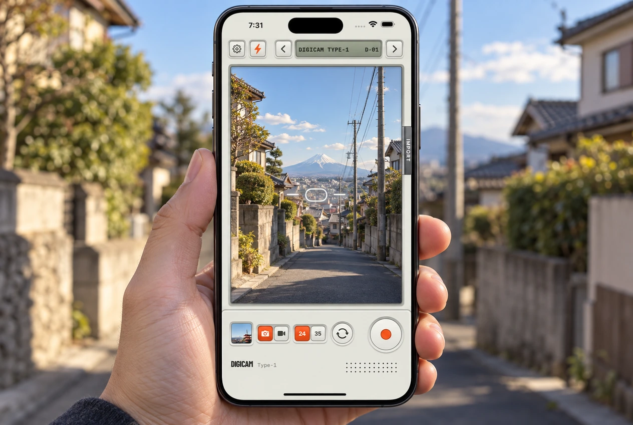 A hand holding an iPhone that shows the Digicam camera screen, on a quiet residential street in afternoon light