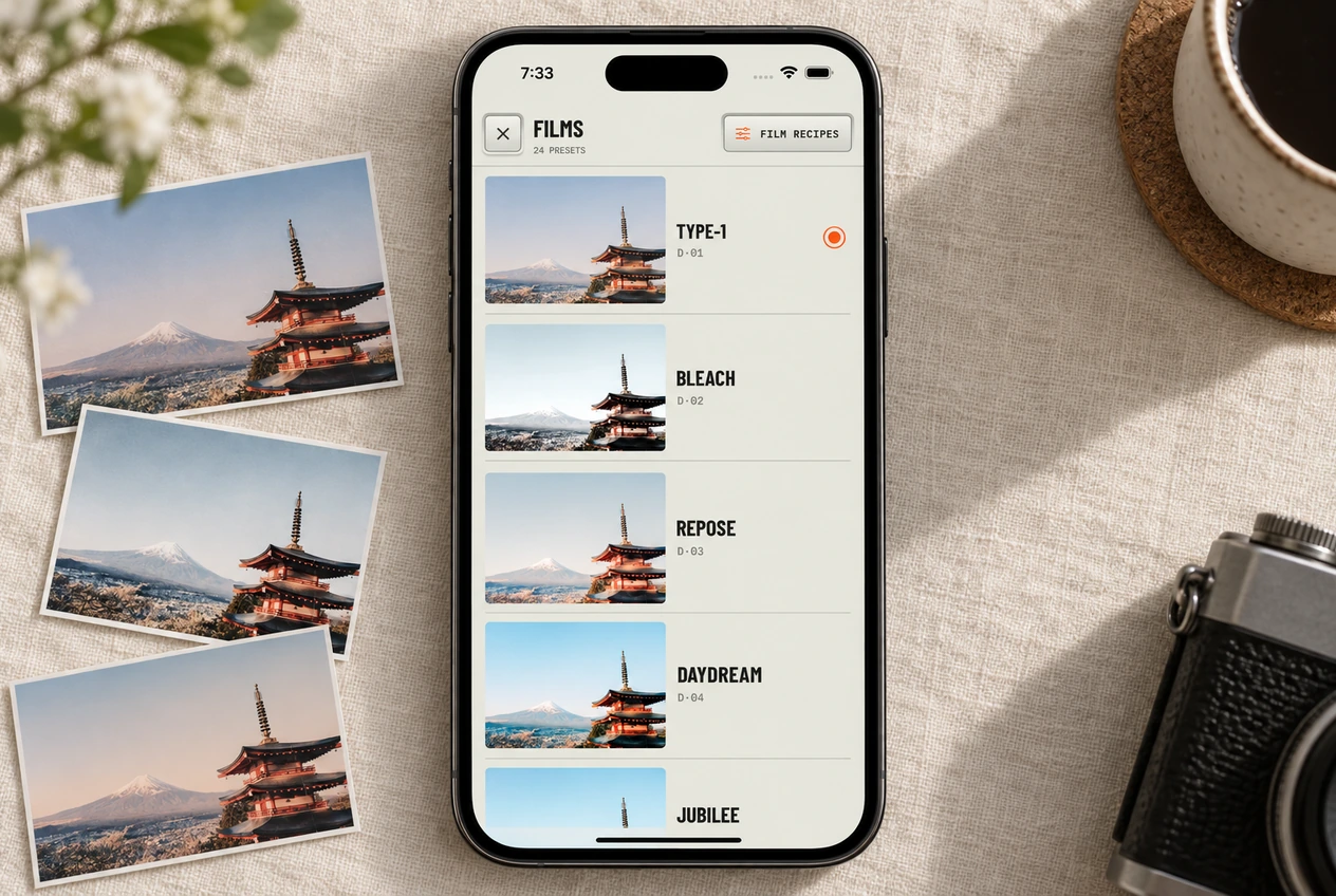 An iPhone showing the Digicam Films list with Type-1, Bleach, Repose and Daydream previews, beside photographic prints on linen