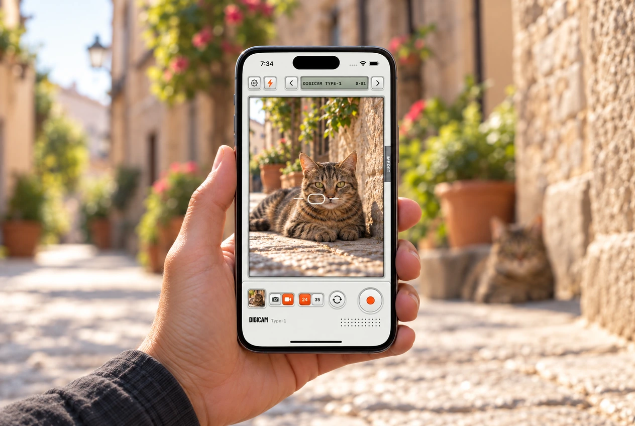 A hand holding an iPhone with Digicam in video mode, framing a tabby cat in a sunlit alley