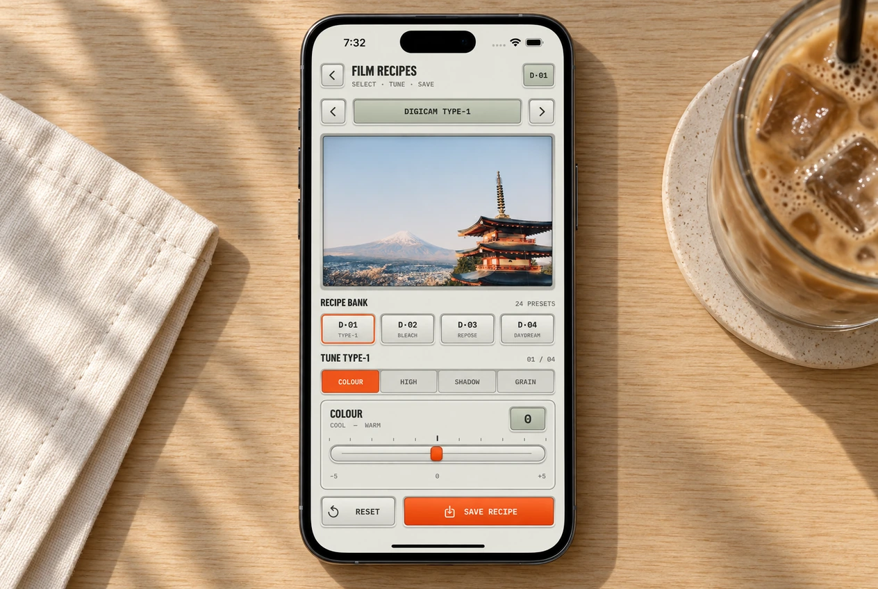 An iPhone on a cafe table showing the Digicam Film Recipes screen, next to an iced coffee