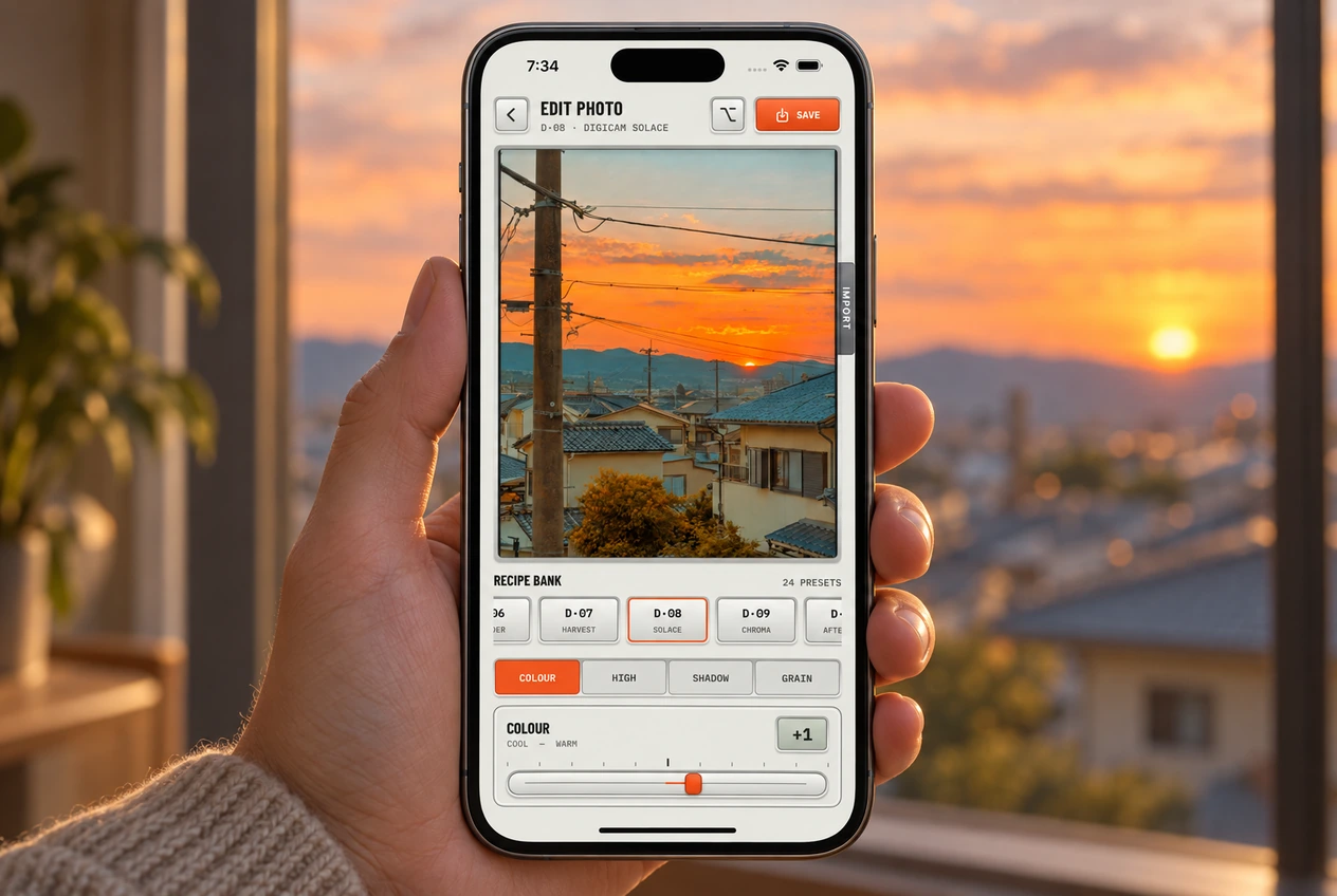 An iPhone showing the Digicam Edit Photo screen with a Solace sunset, the recipe bank and color tuning slider, held beside a window at sunset