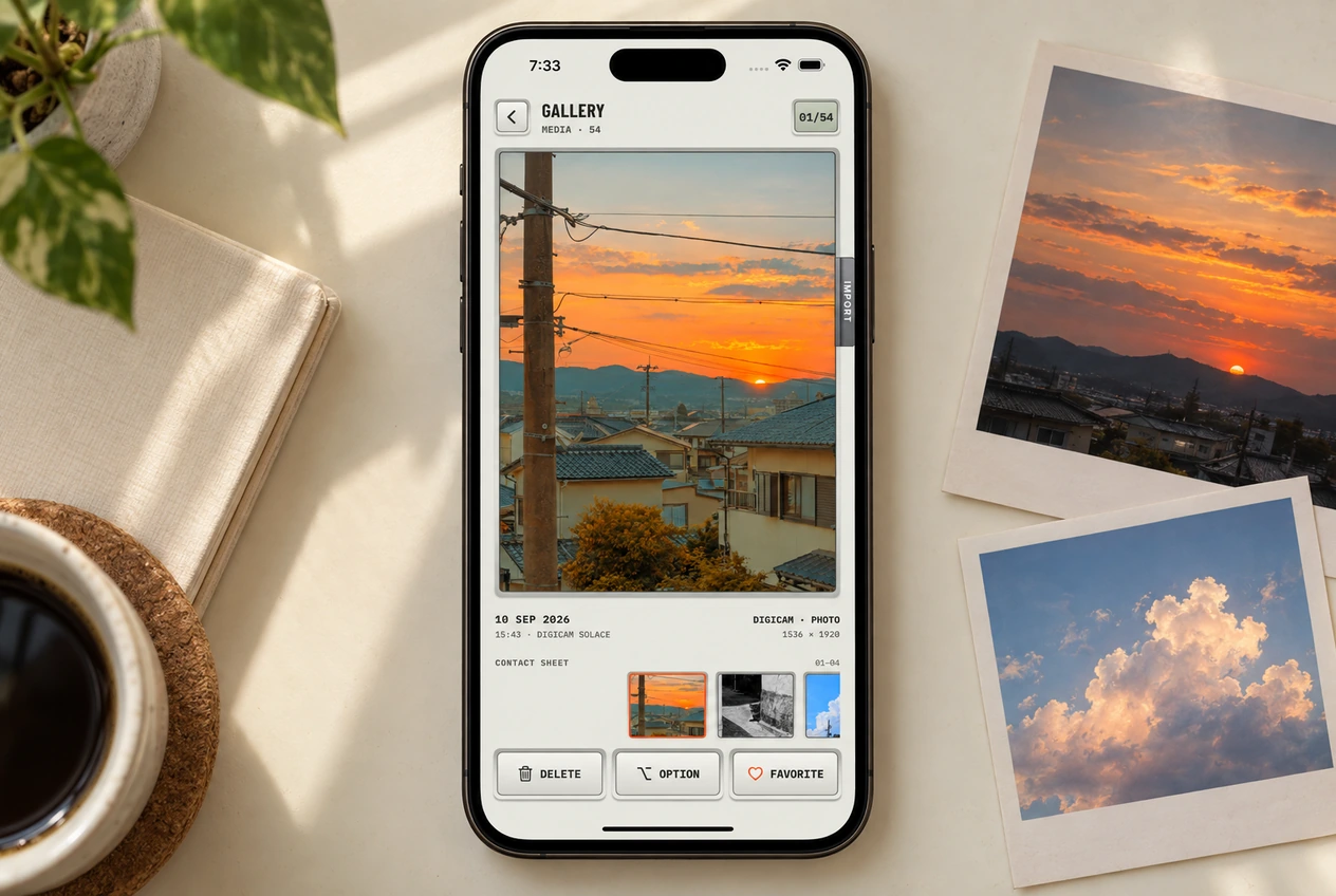 An iPhone on a cream desk showing the Digicam Gallery with a sunset photo, contact sheet and Delete, Option and Favorite controls