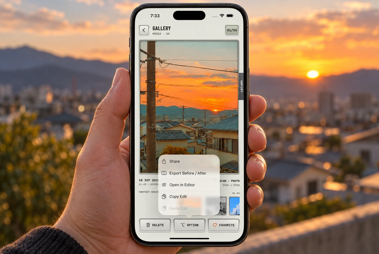 An iPhone showing the Digicam Gallery Option menu with Export Before / After, held outdoors at sunset