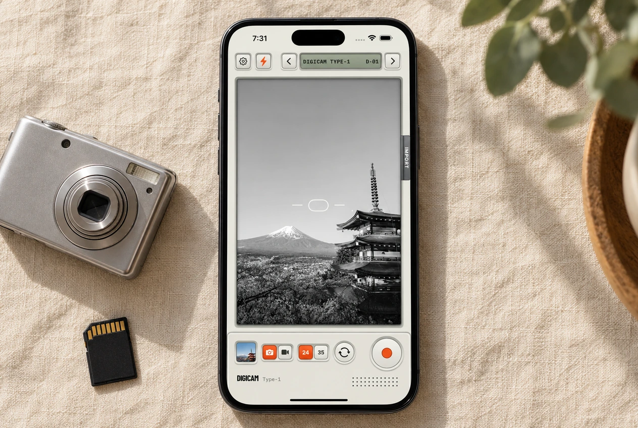 An iPhone showing the Digicam Type-1 camera interface beside a silver compact digital camera and SD card on cream linen