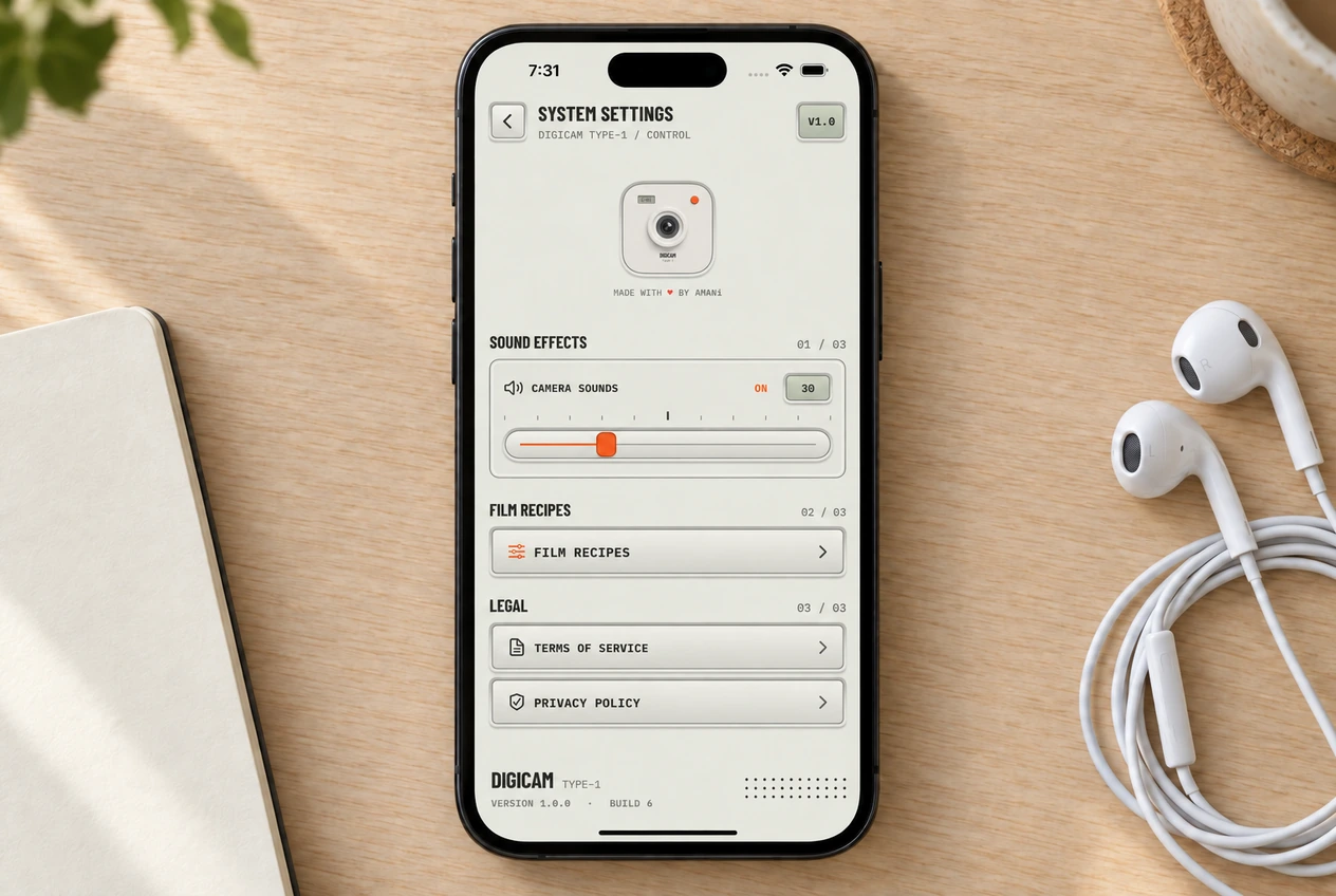 An iPhone showing Digicam System Settings with the camera sounds slider, Film Recipes and legal controls, beside earbuds and a notebook on an oak desk